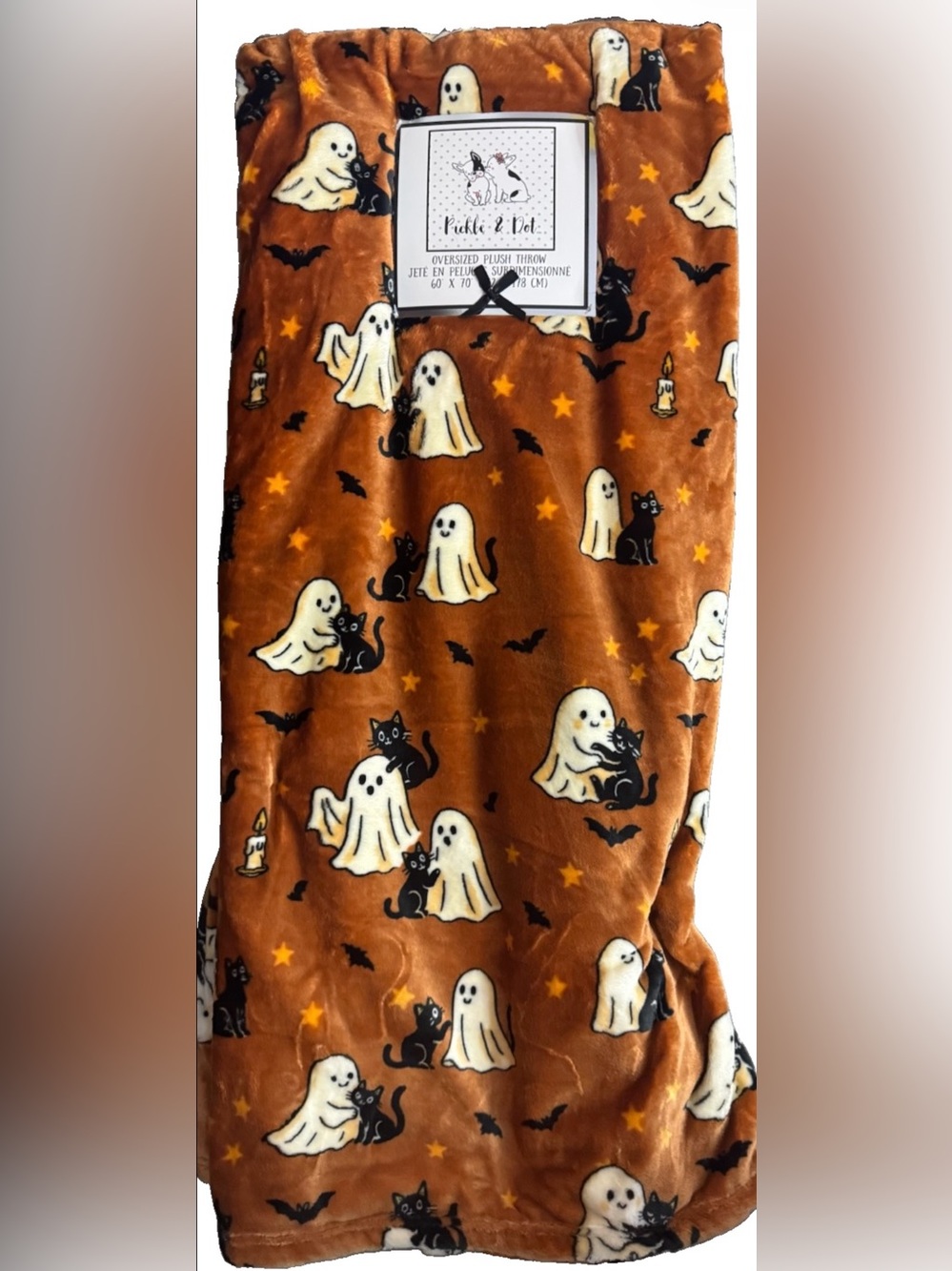 Pickle & Dot Halloween Throw Blanket w/ Ghosts Cats Bats Stars & Candles NWT